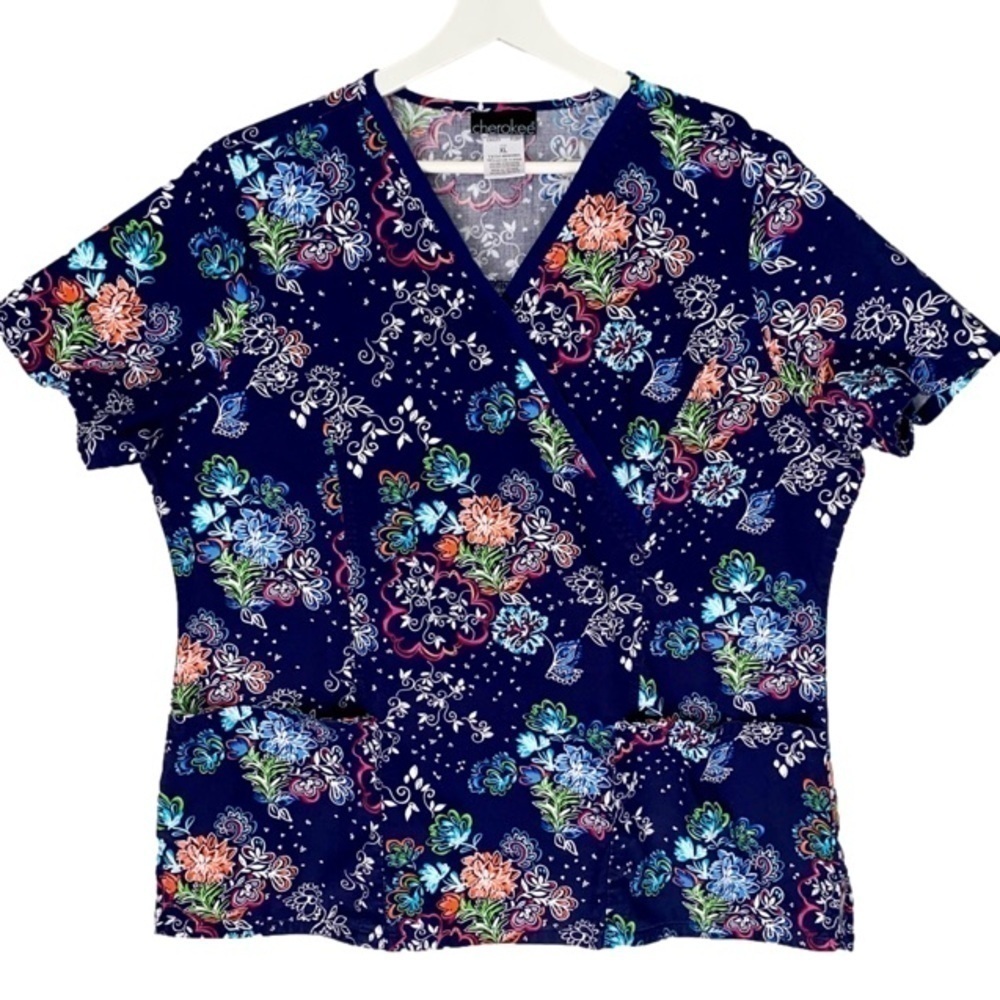 CHEROKEE Scrubs Top Mock Wrap Short Sleeve Navy Blue Floral Women Size XL